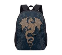 Golden Dragon Backpack 17 Inch for School Kids Teens, Celestial Moon Star Astrology Print, Vintage Mystical Fantasy Student Bag (06)