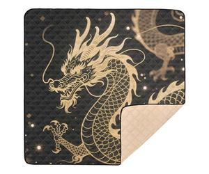 Golden Dragon Black Background Cute Foldable Baby Play Mat for Indoor Outdoor 1-Piecing Baby Play Tummy Time Mat for Babies Infants Toddlers, 50'' x 50''