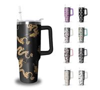 Golden Dragon Tumbler with Handle and Straw, 40 oz Stainless Steel Pink Insulated Cup with Lid and Straw,Travel Coffee Mug Water Bottle, Birthday Christmas Mothers Day Gifts for Animal Lovers Women