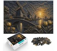 Golden Dutch Windmills Tulips Stone Relief Jigsaw Puzzle, 1000 Piece | For winter days with time to puzzle, this adult jigsaw puzzle with 1000 pieces offers a longer activity for the holidays.