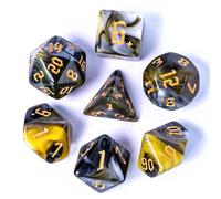 Golden Eclipse Dice Set - Marbled Yellow-Black Polyhedral RPG Dice with Gold Numbers for Epic Tabletop Quests