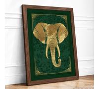 Golden Elephant Head Art Deco Framed Wall Art Print A4 (29.7×21cm) Walnut, Wall Decor for Living Room, Bedroom, Office & Home, Ready to Hang, Art Gift