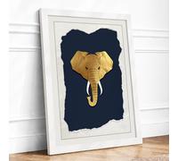 Golden Elephant Head Maximalist Framed Wall Art Print A1 (84.1×59.4cm) White, Wall Decor for Living Room, Bedroom, Office & Home, Ready to Hang, Art Gift
