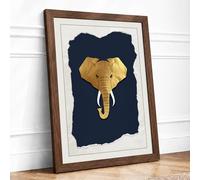 Golden Elephant Head Maximalist Framed Wall Art Print A3 (42×29.7cm) Walnut, Wall Decor for Living Room, Bedroom, Office & Home, Ready to Hang, Art Gift