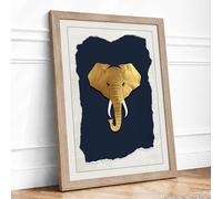 Golden Elephant Head Maximalist Framed Wall Art Print A4 (29.7×21cm) Oak, Wall Decor for Living Room, Bedroom, Office & Home, Ready to Hang, Art Gift