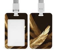Golden Feathers Badge Holder ID Badge Card Holder Wallet Case Sturdy Lanyard Badge Protector Vertical Plastic Card Case Protector Pouch with Clear Window ID Holder