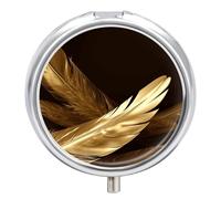 Golden Feathers Travel Pill Box Case 3 Compartment Cute Pill Organizer Metal Pill Holder with Mirror Small Medicine Organizer Daily Pill Container for Purse Pocket Portable Meds Box