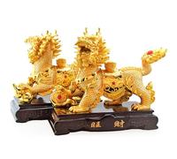 Golden Feng Shui Chi-Lin Statues - 13" Fire Kylin Figurines for Wealth & Prosperity, Good Luck Ornaments, Home Decor, Female Guardian Spirit, Chinese Mythical Decor
