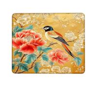 Golden Floral Bird Mouse Pad, Vibrant Peony Blossom Design, Stitch Edge Non-Slip Gaming Mousepad for Home and Office, Stylish Desk Accessory Square 8x10 Inch