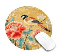 Golden Floral Bird Mouse Pad, Vibrant Peony Blossom Design, Stitch Edge Non-Slip Gaming Mousepad for Home and Office, Stylish Desk Accessory Round 8x8 Inch