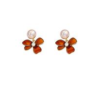 Golden Flower-Shaped Pearl Earrings - Iridescent Enamel Petal Studs with Simulated Pearl & Crystal Accents