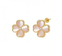 Golden Flower Stud Earrings with Pink Shell Inlay and Clear Center Stone for Women