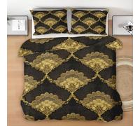 Golden Flower Super King Duvet Cover Set, Geometric Rhombus Soft Microfiber Bedding with Pillow Cases, Retro Luxury Quilt Cover Easy Care, Black Gold Duvet Cover with Zipper, 260x220cm