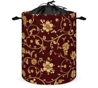 Golden Flower Swirling Vine on Deep Red Laundry Basket Laundry Hamper Round Collapsible Drawstring Clothes Hamper for Bedroom Bathroom