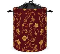 Golden Flower Swirling Vine on Red Laundry Basket Laundry Hamper Round Collapsible Drawstring Clothes Hamper for Bedroom Bathroom