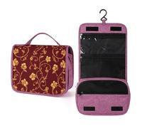 Golden Flower Swirling Vine on Red Travel Toiletry Bag for Women,Hanging Makeup Organizer with Hook for Shampoo