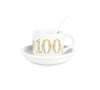 Golden Flowers Age 100 Cup & Saucer Set with Spoon - 100th Birthday Milestone Gifts for Her - Ceramic White Mug Coffee/Tea Hot Drinks Present