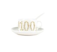 Golden Flowers Age 100 Cup & Saucer Set with Spoon - 100th Birthday Milestone Gifts for Her - Porcelain White Mug Coffee/Tea Hot Drinks Present
