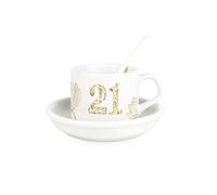 Golden Flowers Age 21 Cup & Saucer Set with Spoon - 21st Birthday Milestone Gifts for Her - Ceramic White Mug Coffee/Tea Hot Drinks Present