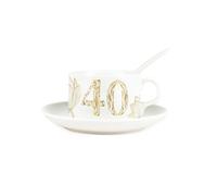 Golden Flowers Age 40 Cup & Saucer Set with Spoon - 40th Birthday Milestone Gifts for Her - Porcelain White Mug Coffee/Tea Hot Drinks Present