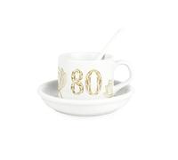 Golden Flowers Age 80 Cup & Saucer Set with Spoon - 80th Birthday Milestone Gifts for Her - Ceramic White Mug Coffee/Tea Hot Drinks Present