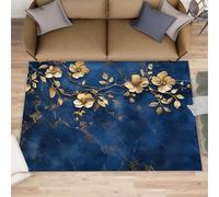 Golden Flowers Area Rug, Blue Marble Background Bedroom Rug, Non Slip Bedside Rugs for Sofa Table Under Living Room Home Decor Floor Mat 70x140cm