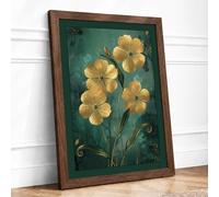 Golden Flowers in Bloom Botanical Framed Wall Art Print A1 (84.1×59.4cm) Walnut, Wall Decor for Living Room, Bedroom, Office & Home, Ready to Hang, Art Gift