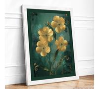 Golden Flowers in Bloom Botanical Framed Wall Art Print A1 (84.1×59.4cm) White, Wall Decor for Living Room, Bedroom, Office & Home, Ready to Hang, Art Gift