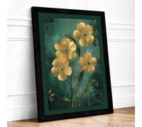 Golden Flowers in Bloom Botanical Framed Wall Art Print A4 (29.7×21cm) Black, Wall Decor for Living Room, Bedroom, Office & Home, Ready to Hang, Art Gift