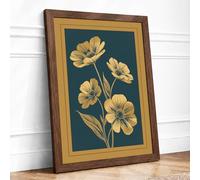 Golden Flowers on Stem Botanical Framed Wall Art Print A2 (59.4×42cm) Walnut, Wall Decor for Living Room, Bedroom, Office & Home, Ready to Hang, Art Gift