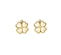Golden Four Leaf Clover Stud Earrings with Pearl Finish and Clear Crystal Center for Women's Elegant Jewelry Collection