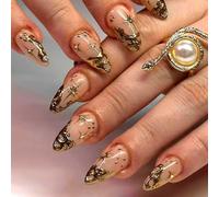 Golden French Tip False Nails, Short Almond False Nails, Leather Color False Nails with Irregular Chrome Design 3D Gold False Nails Shiny Acrylic Adhesive False Nails with
