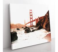 Golden Gate Bridge in San Francisco Abstract Painting Modern Canvas Wall Art Print Ready to Hang, Framed Picture for Living Room Bedroom Home Office Décor, 35x35 cm (14x14 Inch)
