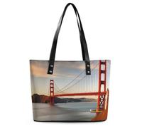 Golden Gate Bridge Leather Tote Bag for Women Work Shoulder Purses with Zipper Waterproof Large Computer Shoulder Bag Fashion Ladies Shoulder Handbag Reusable Shopping Bags