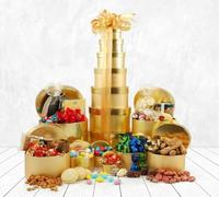 Golden Gift Tower | Giant 50cm 7-Tier Chocolate & Sweets Food Hamper with Truffles, Award-Winning Fudge, Biscuits & Fruit Cake | Large Reusable Gold Boxes