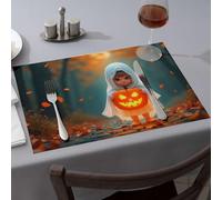 Golden Girls Gifts A Child In A Ghost Costume Holds A Glowing Pumpkin Dining Place Mats Yellow Placemats Placemats(1PCS)
