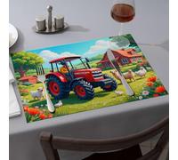 Golden Girls Gifts A Farmer Drives A Red Tractor On A Sunny Day, Surrounded By Sheep, Chickens Dining Place Mats Yellow Placemats Placemats(4PCS)