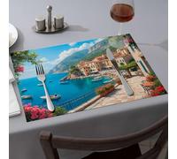 Golden Girls Gifts A Picturesque Coastal Town With Colorful Buildings, Boats In The Harbor, And Lush Greenery Dining Place Mats Western Tablecloth Kitchen And Dining(1PCS)