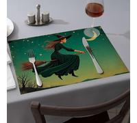 Golden Girls Gifts A Witch Flies On A Broomstick Under A Crescent Moon Dining Place Mats Yellow Placemats Placemats(4PCS)