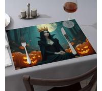 Golden Girls Gifts A Woman In A Black Dress With A Crown Sits Among Carved Pumpkins Dining Place Mats Western Tablecloth Kitchen And Dining(6PCS)