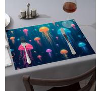 Golden Girls Gifts Colorful Jellyfish Glowing In The Deep Ocean Dining Place Mats Western Tablecloth Kitchen And Dining(4PCS)