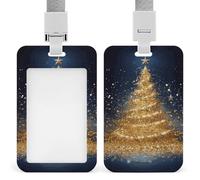 Golden Glitter Christmas Tree Heavy Duty Id Card Badge Holder Plastic Name Tag Badge Holder with Clear Window Waterproof Card Protector Sleeve for Nurse Doctor Teacher Office Employee