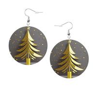 Golden Glitter Christmas Tree Printed Round Earrings For Women, 1 Pair Lightweight Leather Pierced Earrings Set Trendy Jewelry Gifts For Women Girls