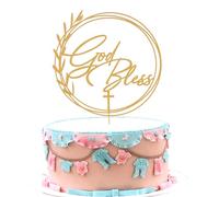 Golden Glitter God Bless Cake Topper - First Communion Cake Decoration, Wreath Baptism cake topper, Religious Party Cake Decoration