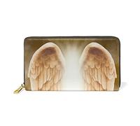 Golden Gold Angel Wings Women Leather Zipper Long Wallet, Large Capacity Organizer Slim Cover Case Coin Clutch Pouch Pocket Key Card Change Purse Holder