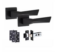 Golden Grace 1 Pair Modern Aura Design Matt Black Premium Door Handles Square Rose 3" Ball Bearing Hinges and 2.5" Tubular Latch