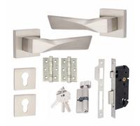 Golden Grace 1 Pair Modern Aura Euro Lock Square Rose Internal Door Handles 70mm Thumbturn Barrell Satin Nickel Finish And Ball Bearing Hinges