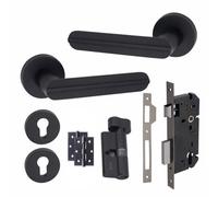 Golden Grace 1 Pair Modern Lima Euro Lock Internal Door Handles, 70mm Key & Thumbturn Barrell Matt Black Finish And Ball Bearing Hinges - Gg