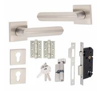 Golden Grace 1 Pair Modern Lima Euro Lock Square Rose Internal Door Handles 70mm Thumbturn Barrell Satin Nickel Finish And Ball Bearing Hinges