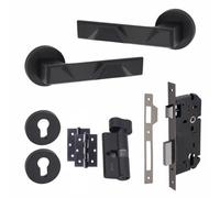 Golden Grace 1 Pair Modern Nova Euro Lock Internal Door Handles, 70mm Key & Thumbturn Barrell Matt Black Finish And Ball Bearing Hinges - Gg